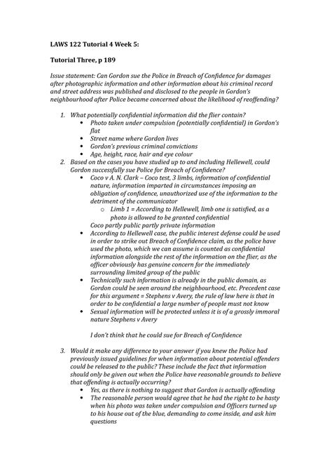 Laws 122 Tutorial 4 Week 5 Laws 122 Tutorial 4 Week 5 Tutorial Three P 189 Issue Statement