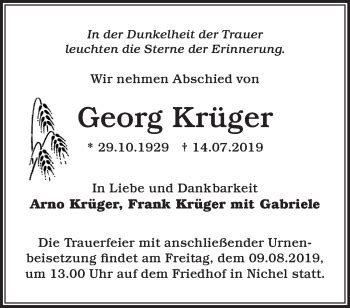 Traueranzeigen Von Georg Kr Ger M Rkische Onlinezeitung Trauerportal