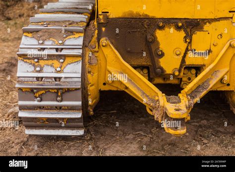 Close Up Of Crawler Bulldozer Truck Earthmoving Heavy Machinery