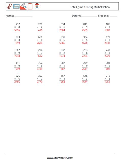 25 3 stellig mit 1 stellig multiplikation Mathe Arbeitsblätter