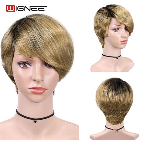 Wignee Peluca De Cabello Humano Liso Corto Con Flequillo Libre Para