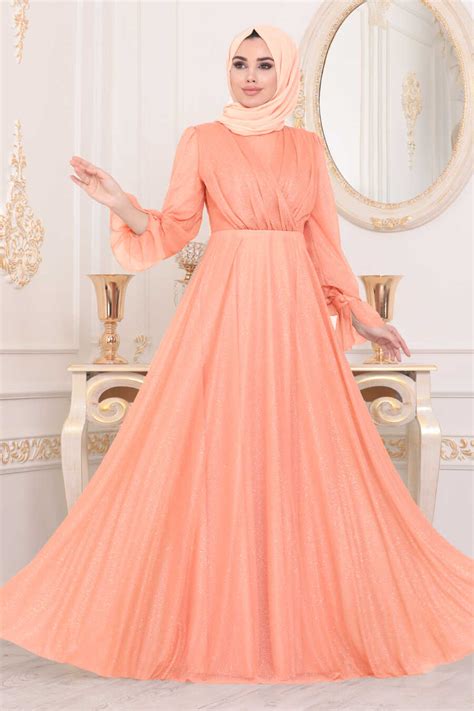 Salmon Pink Hijab Evening Dress 22202SMN - Neva-style.com