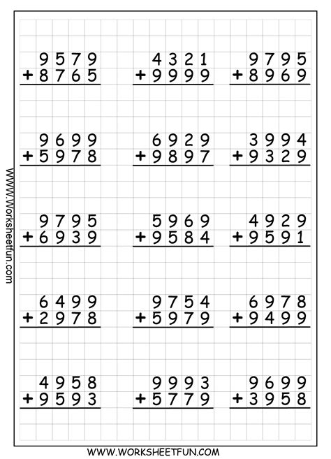 4 Digit Addition With Regrouping Carrying 9 Worksheets Math Worksheets 4th Grade Math