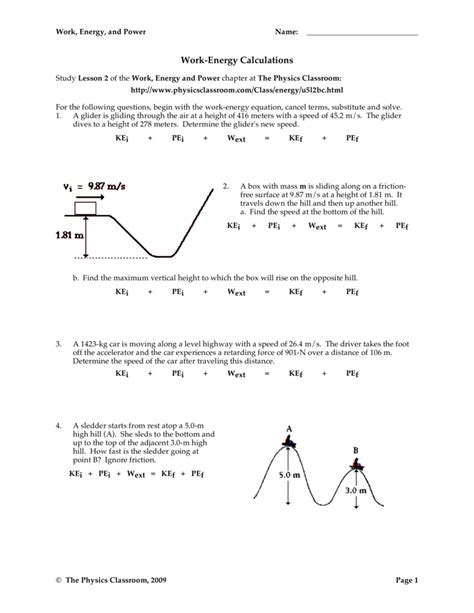 Work Energy Calculations Worksheet Answers Physics Classroom