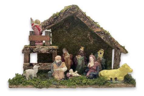 Pesebre 9 Piezas Adorno Navideño De Ceramica Y Madera