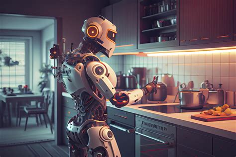 Robot Chef Cooking In Kitchen Of Future Home Genius Smart Robot