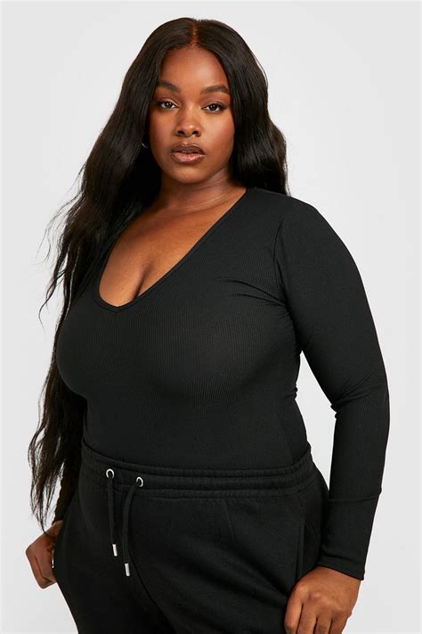 Plus Rib V Neck Bodysuit Boohoo Uk