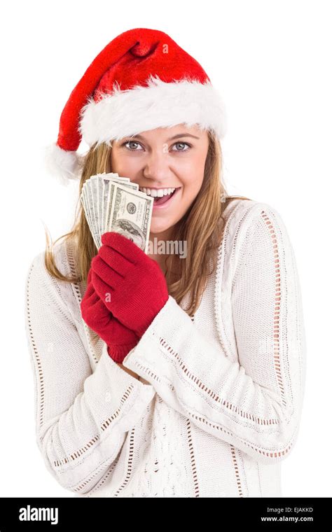 Festive Blonde Showing Fan Of Dollars Stock Photo Alamy