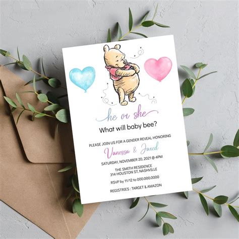 Editable Winnie The Pooh Gender Reveal Invitation Pooh Bear Invitation