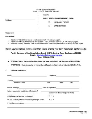 Fillable Online Pinalcountyaz Early Resolution Statement Form Pinal