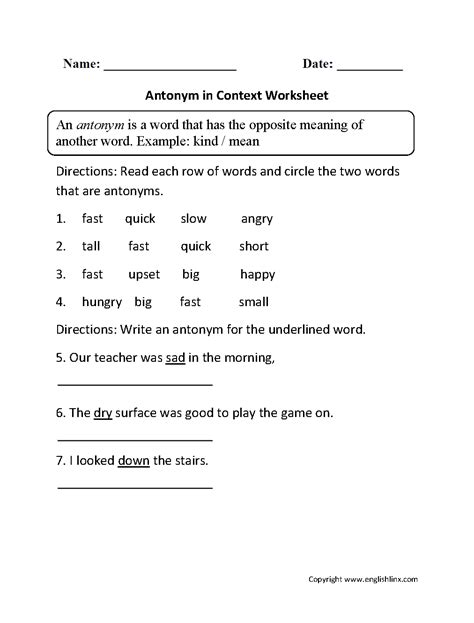 Synonym And Antonym Worksheets