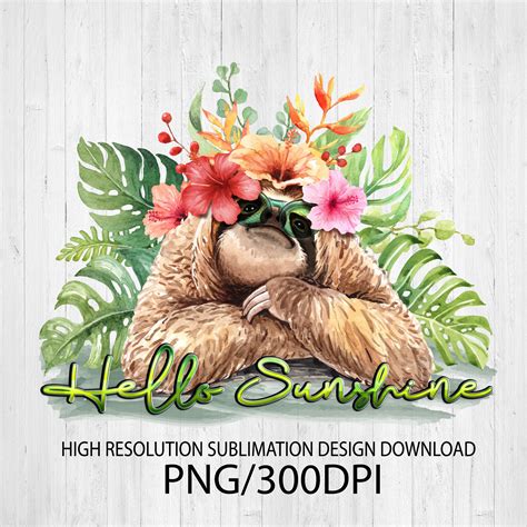 Hello Sunshine Sloth Sublimation Design Png Download Dtg Etsy