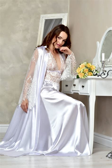 Buy White Long Bridal Robe And Nightgown Set Satin Lace Peignoir Online