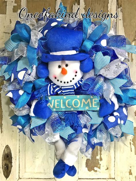 Blue And White Deco Mesh Winter Snowman Wreath Christmas Wreaths Diy Winter Wreath Snowman