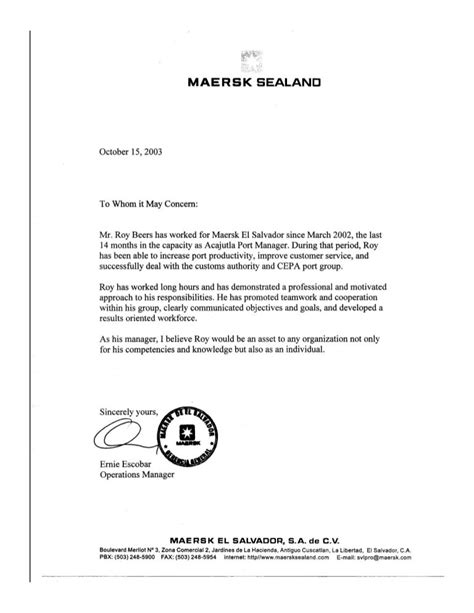 Recommendation Letter From Maersk Sealand