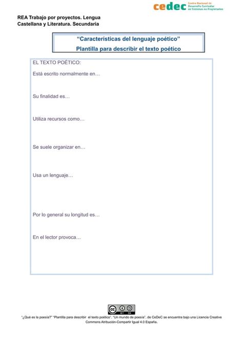 Plantilla para describir el texto poético PDF