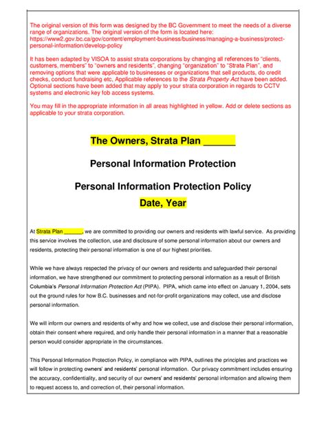 Personal Information Protection Policy Template In Word And Pdf Formats