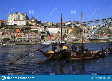 Traditional Rabelo Boats Porto City Skyline Douro River And And Dom