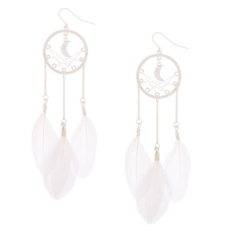 Silver Dreamcatcher Feather Drop Earrings - White | Claire's