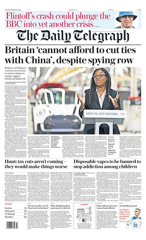 Daily Telegraph Front Page 12th Of September 2023 Tomorrow S Papers Today