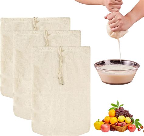 3 Pcs Cotton Cheese Cloth Bags For Straining With Drawstring 3 Sizes Nut Milk Bag