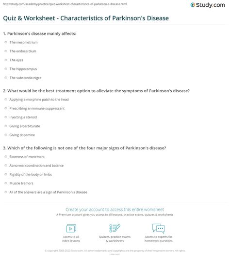 Quiz And Worksheet Characteristics Of Parkinson S Disease