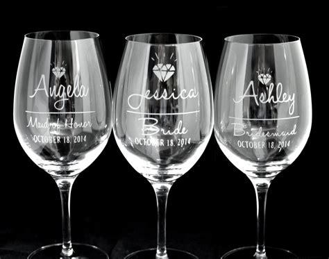 Custom Etched Diamond Design Bridal Party Wine Glasses T