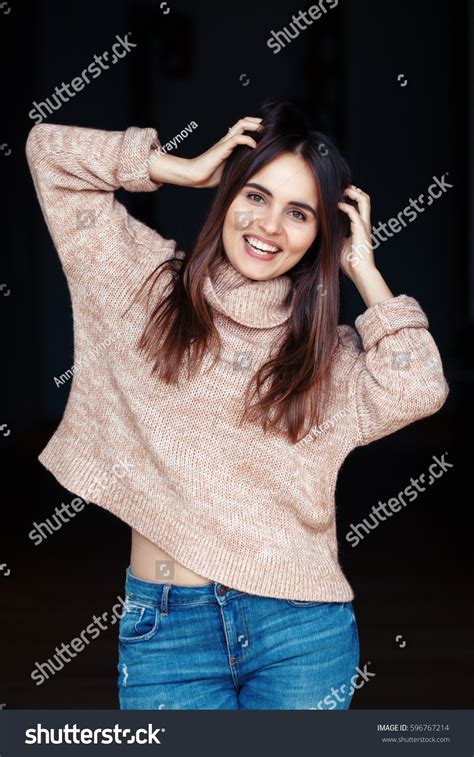 Portrait Smiling Laughing White Caucasian Brunette Stock Photo