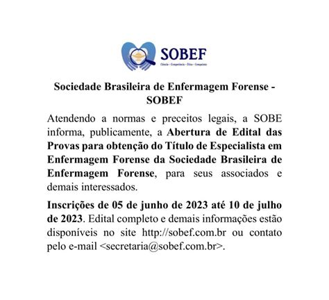 Sociedade Brasileira De Enfermagem Forense Sobef Abertura De Edital