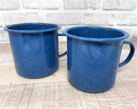 Set Of 2 Vintage Enamel Granite Ware Blue White Speckled Mugs Large