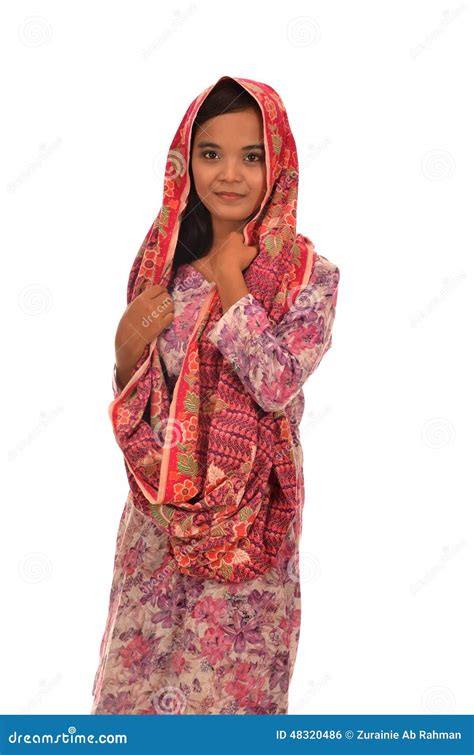 Portrait Of A Malay Woman With Kebaya On White Background Stock Photo