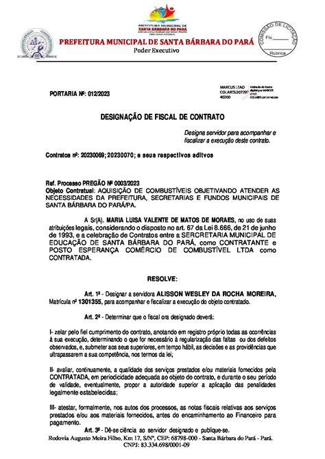 Ato De Designa O Do Fiscal Do Contrato Prefeitura Municipal De