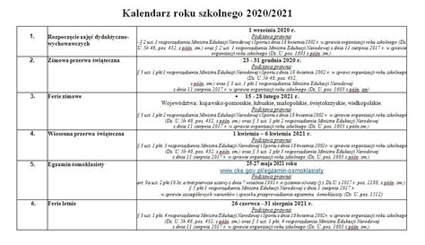 KALENDARZ ROKU SZKOLNEGO 2020 2021 ZESPOŁ SZKOLNO PRZEDSZKOLNY W WOLI