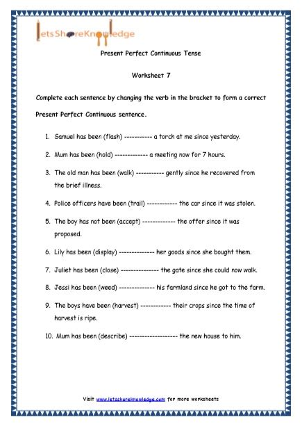 Grade 4 English Resources Printable Worksheets Topic Present Perfect Continuous Tenses Lets