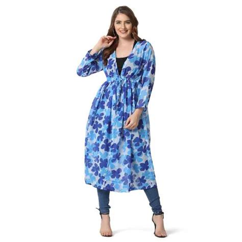 Buy BuyNewTrend Georgette Blue Floral Print Women Long Shrug Online At