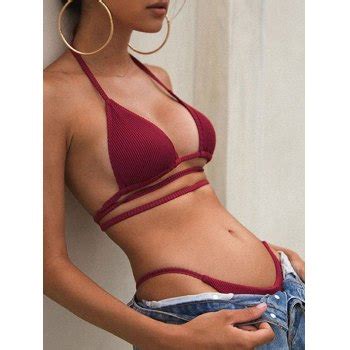 Emmiol Free Shipping 2024 Strappy Tie Ribbed Bikini Set Burgundy S In