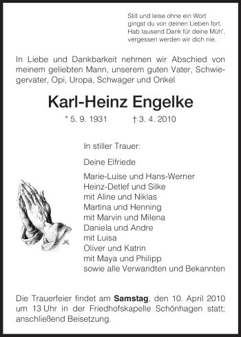 Traueranzeigen Von Karl Heinz Engelke Trauer Hna De