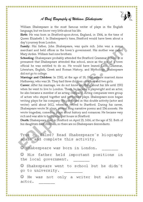 Shakespeares Biography Esl Worksheet By Lauloma