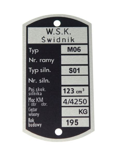 Tabliczka znamionowa WSK WFM 125 M06 S01 typ 2 9308 za 23 77 zł z Sońsk