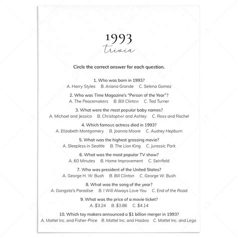 1993 Quiz And Answers Printable All About The Year 1993 Trivia Littlesizzle