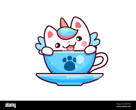 Caricatura lindo kawaii caticorn carácter en taza de té Gatito de