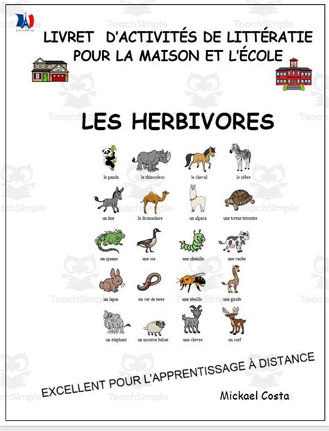 Livret dactivités de littératie et vocabulaire les herbivores by