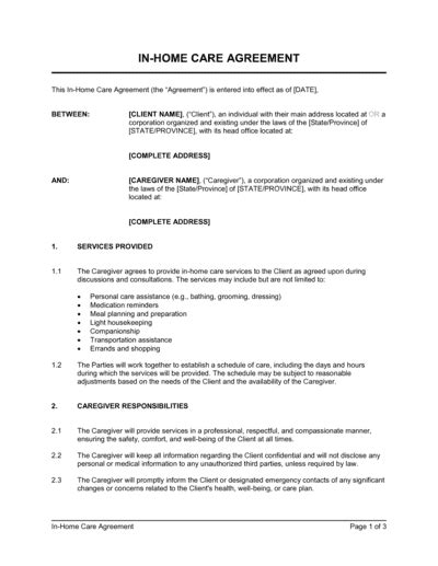 In Home Care Agreement Template