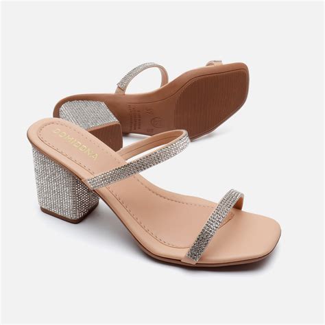 Sandália Feminina Salto Grosso Bloco De Strass Duas Tiras Nude