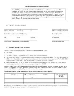 Fillable Online 2021 2022 DEPENDENT VERIFICATION WORKSHEET V1 Fax Email