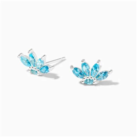 Sterling Silver Cubic Zirconia Aqua Petal Stud Earrings Claires Us