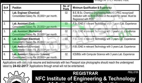 Nfc Institute Of Engineering Technology Multan Jobs Latest Add