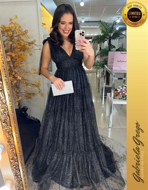 Vestido Longo Preto em Tule de Brilho Edição Ilimitada Saia Três