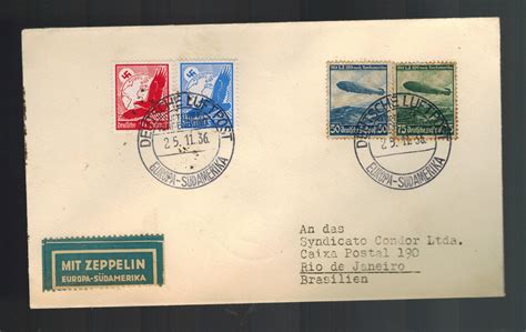 1936 Germany Hindenburg Zeppelin Cover To Rio De Janeiro Brazil Sieger