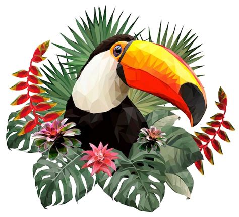 Illustration Polygonale Tête Doiseau Toucan En Feuilles Vecteur Premium